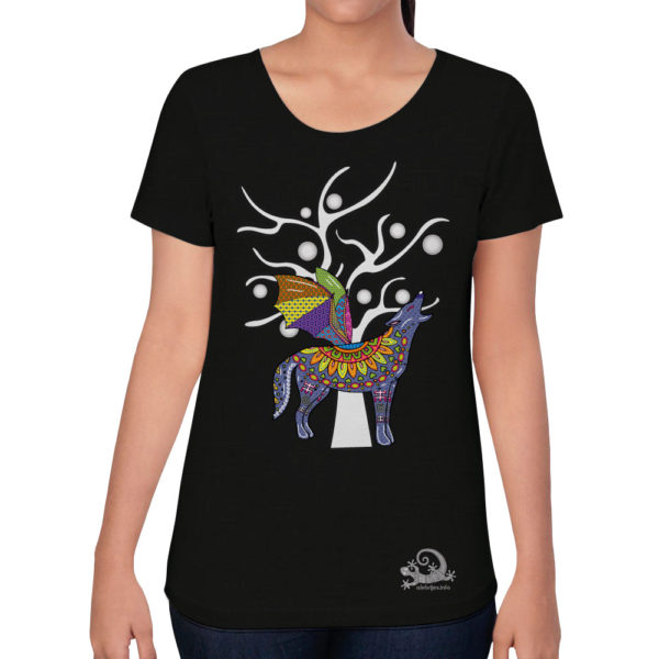 camiseta alebrije coyote murcielago mujer negro modelo frente